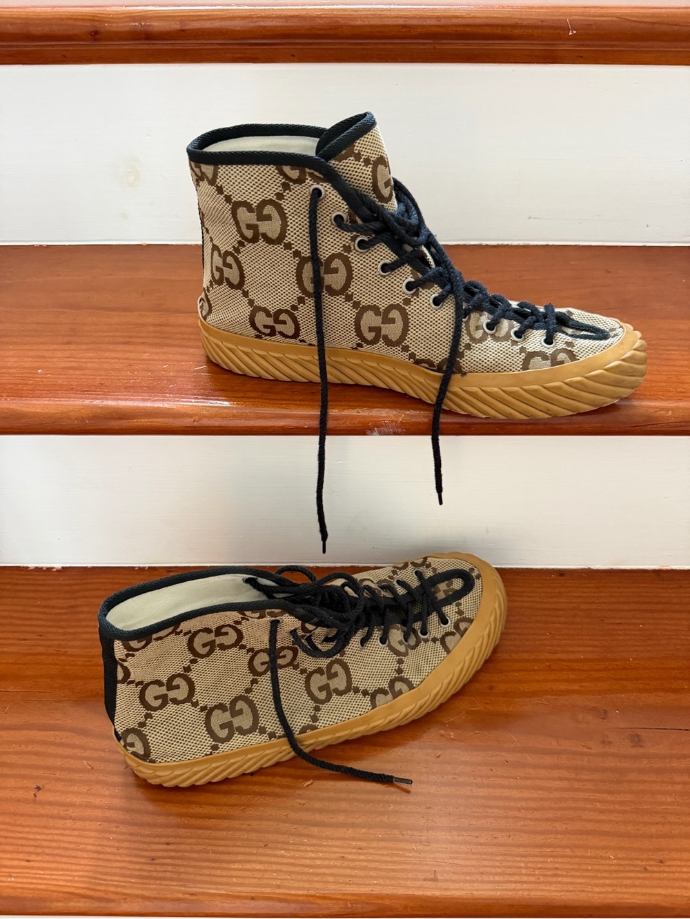 Gucci Beige/Brown GG-Pattern Rubber Sole High-Top Sneakers